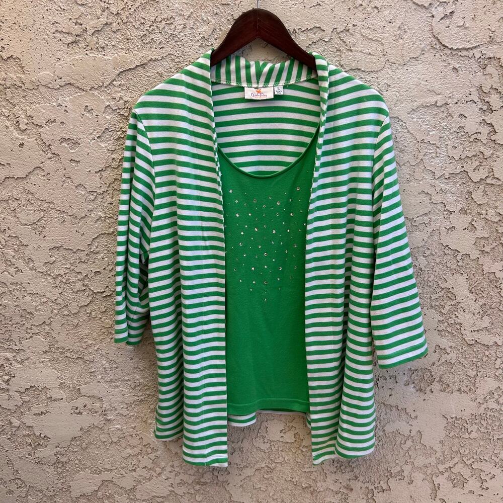 Quacker Factory Green Striped Cardigan Tank Set Size Large